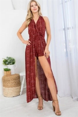 Brick Red Tribal Print Romper Maxi Dress Size Medium Sleeveless Summer Travel  - Image 1 of 2