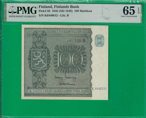 Finland 100 Markkaa 1945 (ND 1948), P88, graded Gem UNC PMG *65* EPQ Cover