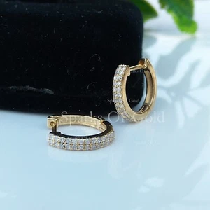 0.48Ct Two Row Pave Diamond Huggie Earrings 14K Yellow Gold Minimalist Jewelry - Picture 1 of 8