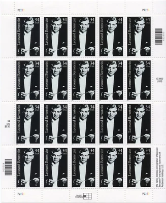 Скотт #3521 Леонард Бернстайн полный лист из 20 марок - как новые без наклеек и следов - Изображение 1 из 2