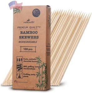 6 Inch Wood Skewers Bamboo Thick Pointy Sticks for Grilling Shish Kebob X100 Pie - Picture 1 of 12