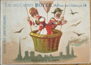Pierrot Clown Hot Air Balloon 1890 Victorian Trade Card, Eau des Carmes Aviation - Picture 1 of 2