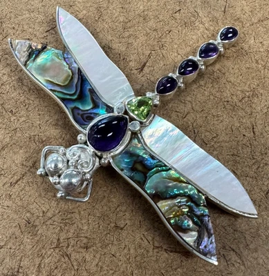 Difícil de encontrar! Prendedor/colgante libélula de varias piedras con incrustaciones de plata esterlina Sajen [115WES] Foto 1 de 4