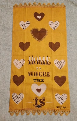 Vtg Tammis Keefe Linen Tea Towel Yellow mustard Hearts HOME WHERE THE HEART IS - Image 1 of 4