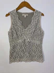 Y2K Fairy Coquette Champagne Lace Sleeveless V-Neck Babydoll Top M Sequins - Picture 1 of 9