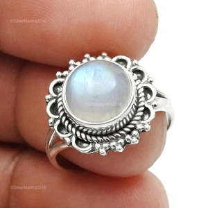 Solid Silver Natural Rainbow Moonstone Cocktail Anniversary Ring Jewelry US 6 - Picture 1 of 10