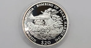 UNC 2000 Liberia 20 Dollar .999 Silver Proof Coin - Bombing of Pearl Harbor 1941 - Picture 1 of 7