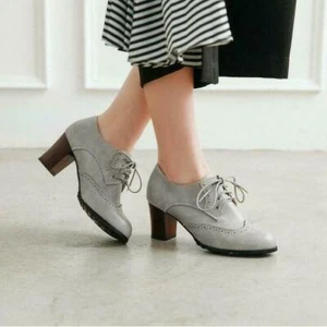 Scarpe eleganti donna decolte tacco grosso punta alare brogue stringate décolleté Oxford - Foto 1 di 21