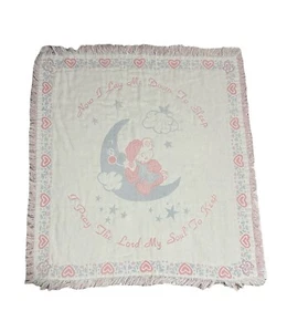 Now I Lay Me Down To Sleep Bear Moon Cloud Pastel Pink Blue Tapestry Blanket - Picture 1 of 4