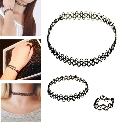 3pz Set Anello Collana Tatuaggio Choker Nero Collana Bracciale Retro Vintage Pizzo Elastico - Immagine 1 di 4
