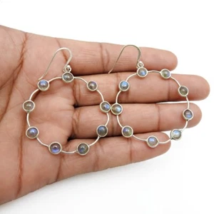 Gift For Her Natural Labradorite Gemstone 925 Silver Bohemian Earrings Jewelry - Picture 1 of 8