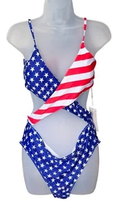 CHYRII Womens American Flag Cutout One-Piece Criss Cross Ties Sexy Swimsuit XL - Picture 1 of 8