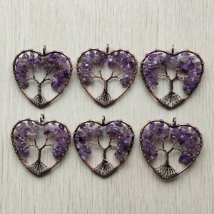 10pcs Wholesale Natural Amethysts Stone Wire Wrapped Tree of Life Heart Pendants
