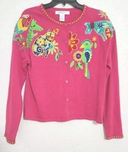 Arriviste Pink Beaded Art Gem Cat Dog Parrot Embroidery Sweater Cardigan Small - Picture 1 of 9