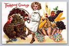 1900S Embossed Pc Girl On Thanksgiving Meal Food Cart Driving Glittered Turkey
