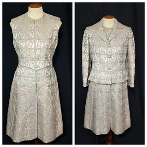 Vintage MOD 1960s Brocade Party Dress & Jacket Coat SET Metallic Silver XS/S - Picture 1 of 14