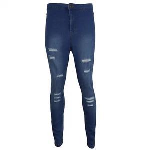 Pantalones de mezclilla regulares súper ajustados premium de cintura alta rasgados azul verdadero lavado para piernas regulares - Imagen 1 de 4