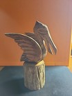 Vintage Hand Carved Nautical Wooden Wings Out Pelican on wood Sculpture 