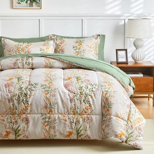 Bed in a Bag Queen, 7 Piece Floral Comforter Sheet Set, Botanical Green Desig... - Picture 1 of 7