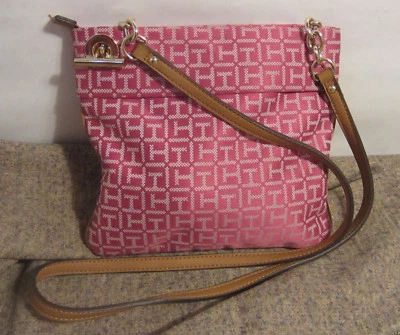 PurseTommy Hilfiger Purse Canvas Cross Body Messenger Satchel Monogram Pink - Image 1 of 4