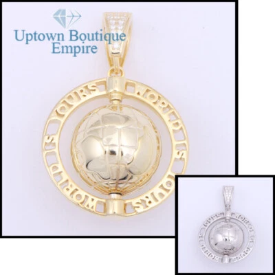 Dije colgante The World Is Yours Globe para hombre de plata esterlina 925 oro circonita cúbica*ADA Foto 1 de 2