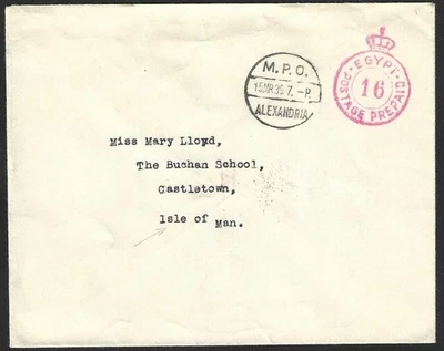 Tropas británicas 1936 en Egipto M.P.O. Cubierta estampada trasera de Alejandría a la Isla de Man Foto 1 de 2