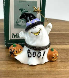PHB Porcelain Hinged Trinket Box Halloween Ghost Pumpkins Magic Wand Boo! - Picture 1 of 9