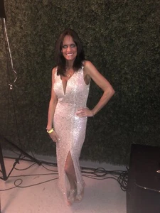 New Sequin Gold Formal Prom Evening Dress Size Small High Slit Sexy Plunge VNeck - Picture 1 of 7