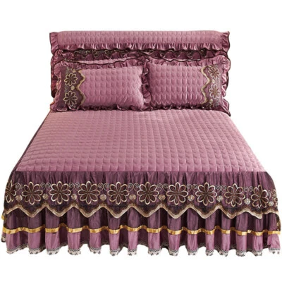 Retro Velvet Lace Bed Skirt Queen Quilted Bedspreads King with 2 Pillowcases - Image 1 of 4