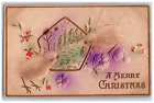 C1910's Christmas Song Bird Pansies Flowers Airbrushed Embossed Antique Postcard