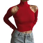 Women's Off Shoulder Navel High Neck Sexy Knitted Long Sleeve Knitted Sweater