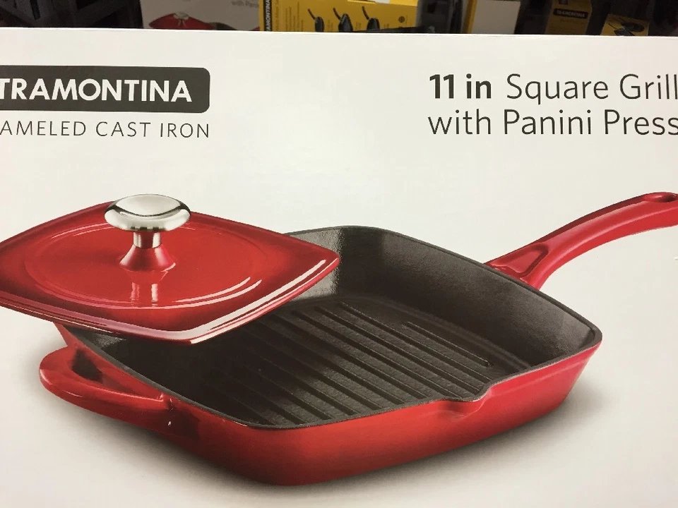 Nib New Tramontina 11" Cast Iron Grill Pan with Press - Red