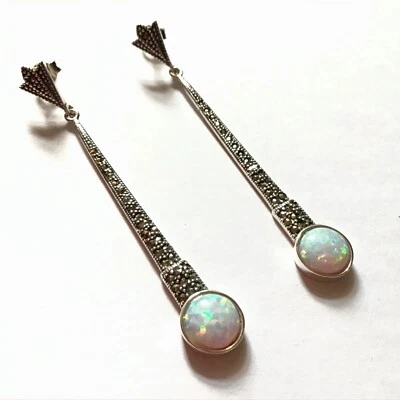 Art Deco Sterling Silver & Marcasite White Fire Opal Long Dangle Drop Earrings  - Image 1 of 4