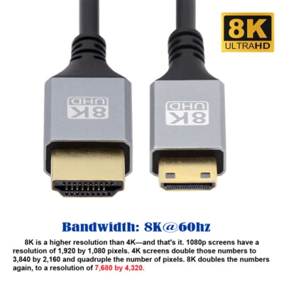 CY Mini/Micro HDMI 2.1 Ultra Thin HDTV Cable 8K 4K Cord Type-A to Type-D - Image 1 of 4