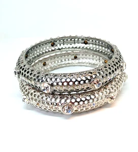 Set 2 Size Large Vintage Signed IMAN  Silver Rhinestone Chunky Bangle Bracelets - Picture 1 of 5