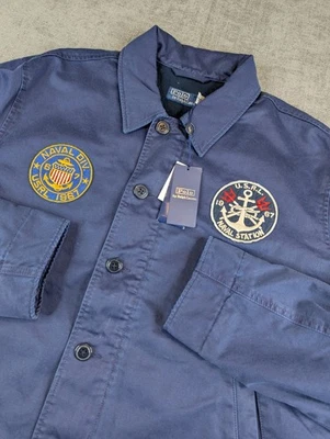 NUEVO CON ETIQUETAS Chaqueta Polo Ralph Lauren Para Hombres L Azul Marino Satén Utilidad Azul Marino Parches Forrados $498 Foto 1 de 4