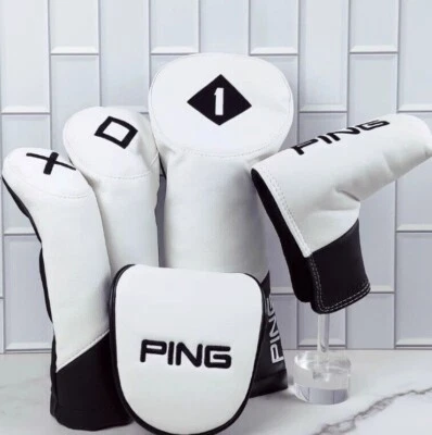 White PING Golf Club Headcovers Driver Fairway Woods Hybrid 135UT Head Cover Set - Image 1 of 4