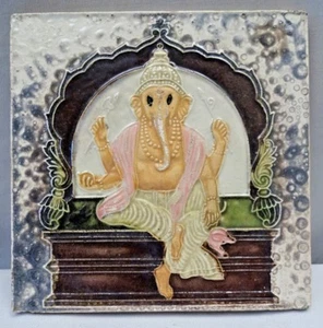 Antique Tile Ceramic Lord Ganesa Ganpati Sitting On Throne Indian God Rare #323 - Picture 1 of 5