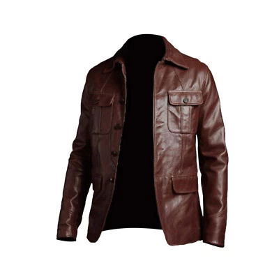 Men’s Brown Cowhide Leather Coat – Regular Length | Belted & Button Closure | Ge - Image 1 of 4