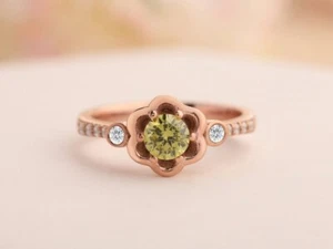 Art Deco Round Cut Natural Peridot Rose Gold Plated Silver Floral Wedding Ring - Picture 1 of 6