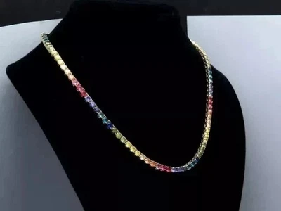 18CT Round Cut Lab Created Rainbow Sapphire 18" Tennis Necklace 14k Gold Finish - Image 1 of 4