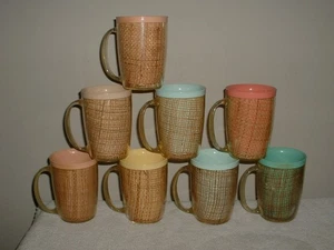 Lot of 8 Vintage Raffia Ware Burlap 4 1/2” Mugs Melamine - Picture 1 of 1