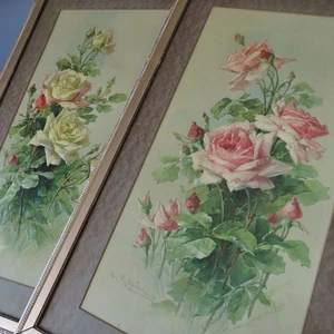 Pr Antique Embossed YardLong Chromos ROSES Orig GILT Wood Frames Catherine Klein - Picture 1 of 11
