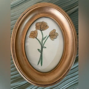 Handgemaltes Aquarell Blumenmalerei Gold Oval Rahmen Kunst 8" - Bild 1 von 4