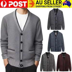 Men Plain Knitted V Neck Buttoned Cardigan Fine Basic Knitwear Warm Top Button - Picture 1 of 17