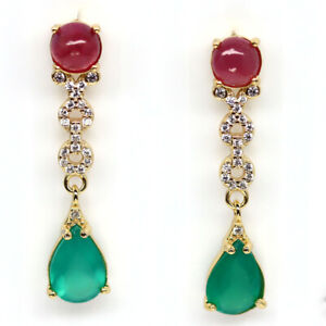 NATURAL 6 X 9 mm. GREEN AGATE, RED RUBY & WHITE CZ EARRINGS 925 STERLING SILVER 