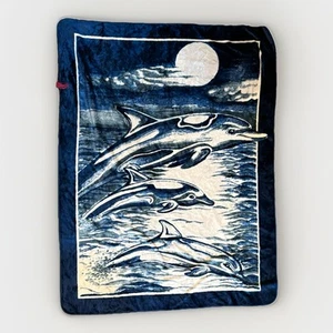 DOLPHINS 74x98 Vtg BIG! German Blanket Soft Velvety Ocean Beach Coastal Florida - Picture 1 of 6