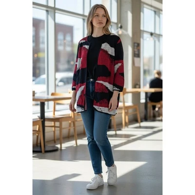 Cárdigan Kasper Plumero Rojo Mullit Tejido Frente Abierto Elegante Abuela 1X Foto 1 de 4