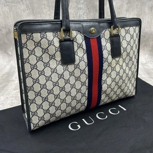 Gucci Tote Bag GG Supreme Sherry Line PVC Pelle Navy Usata Autentica Ottima GIAPPONE - Foto 1 di 24