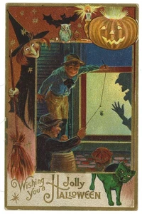 1910 antike Nash Halloween Postkarte Hexe Jungen Kürbis Katze Streiche geprägt - Bild 1 von 2